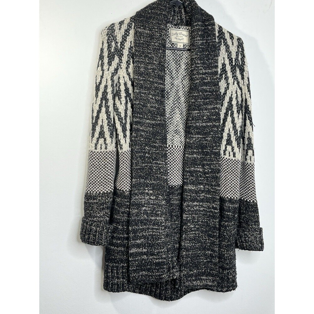 Lucky Brand Cardigan M Wool Sweater Gray Black Open Front Navajo Western